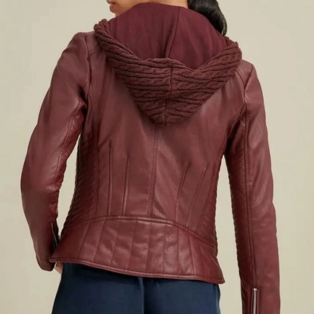 GUESS Burgandy Faux Leather Moto Jacket - Size Medium - Picture 3 of 11